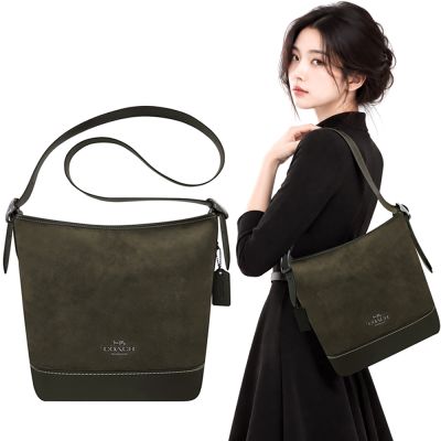 COACH 橄欖綠色麂皮肩背/斜背水桶包-大型