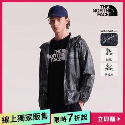 【The North Face 官方旗艦】線上獨家款｜北面男款黑色DWR防潑水滿版圖騰連帽外套｜4NC6LJ7