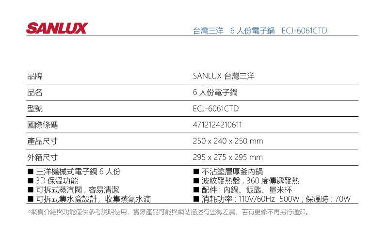 SANLUX台灣三洋 ECJ-6061CTD - 詳情1