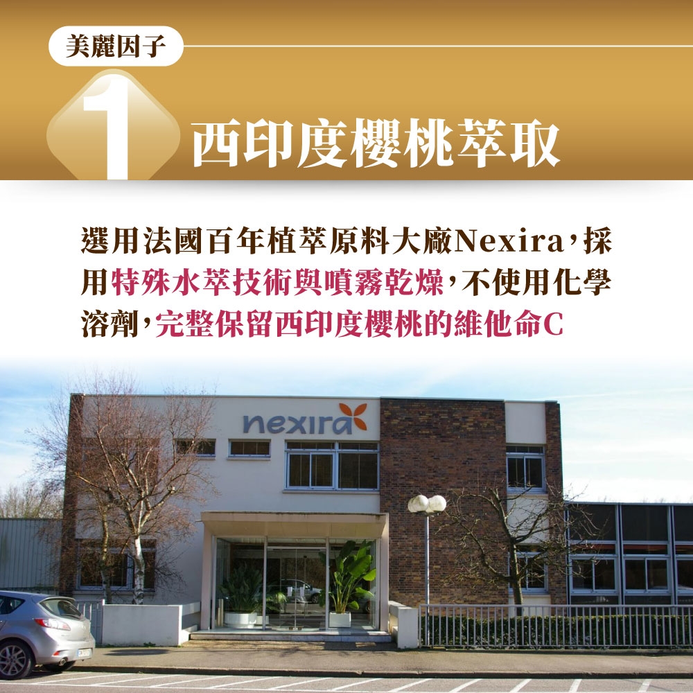 美麗因子1西印度櫻桃萃取選用法國百年植萃原料大廠Nexira採用特殊水萃技術與噴霧乾燥,不使用化學溶劑,完整保留西印度櫻桃的維他命C