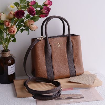MICHAEL KORS   AUSTIN  金屬LOGO皮革飾邊滿版MK印花手提/斜背兩用包(咖/深咖)