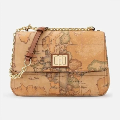 Alviero Martini 義大利地圖包 金釦鍊帶翻蓋側揹包 26cm-地圖黃