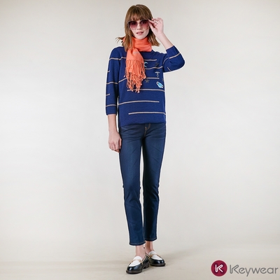 KeyWear奇威名品    魔力保暖顯瘦牛仔褲-深藍色