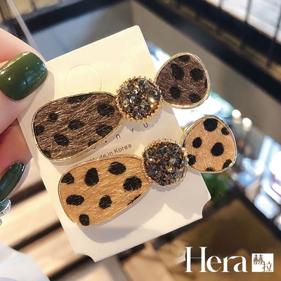 【HERA赫拉】簡約豹紋水晶蝴蝶結髮夾/鴨嘴夾兩入組
