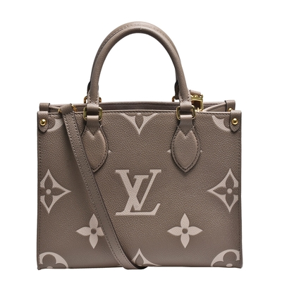 LV Louis Vuitton路易威登 M45779經典ONTHEGO PM系列Empreinte皮革手提/斜背包(斑鳩灰色/奶油色)