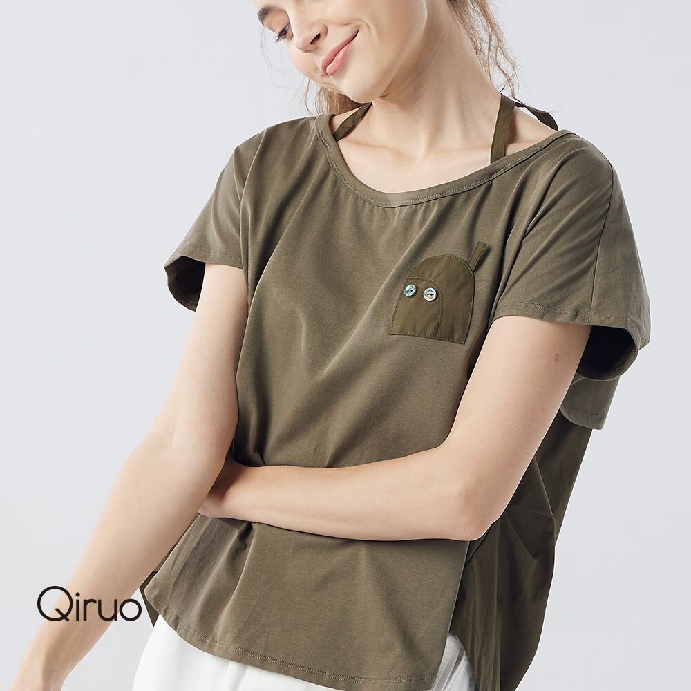 【Qiruo 奇若名品】專櫃精品橄欖綠上衣短袖造型女裝(休閒風綁帶設計3043A)