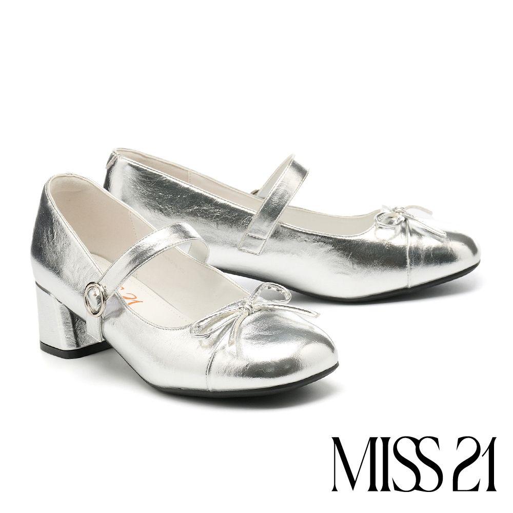 高跟鞋 MISS 21 復古簡約蝴蝶結牛漆皮瑪莉珍方頭高跟鞋－銀