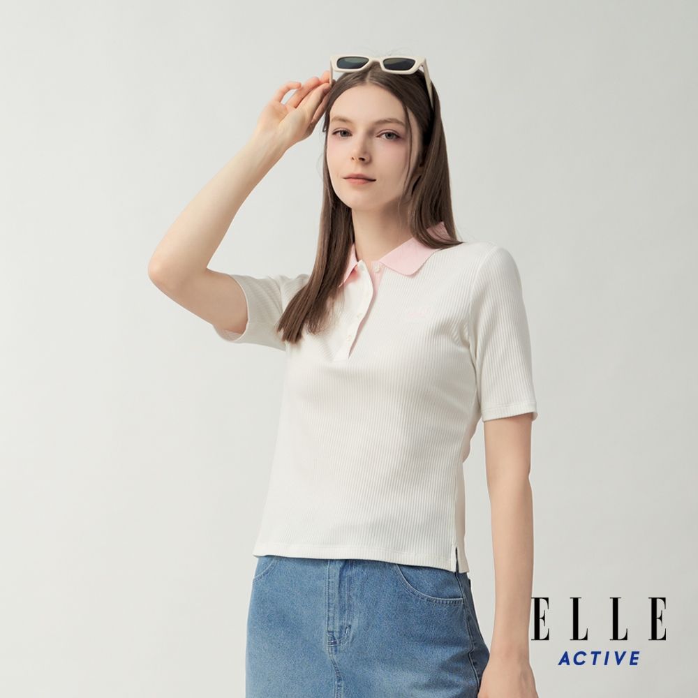 ELLE ACTIVE 女款 翻領排釦撞色短袖POLO衫-白色(EA26S1W1107#90)