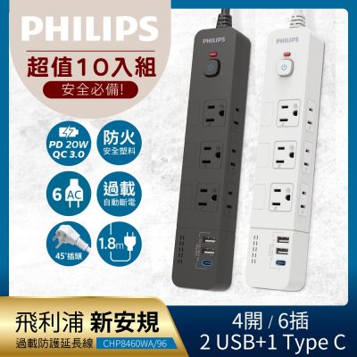 Philips 飛利浦《10入組》4開6插+2A1C 20W PD 延長線 1.8M CHP8460 (2色可選)