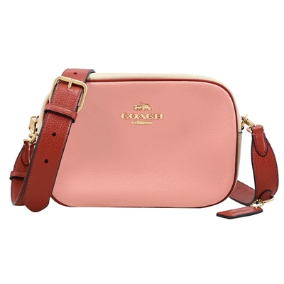 COACH JAMIE金屬LOGO素色荔紋拼色皮革斜背相機包(糖果粉)