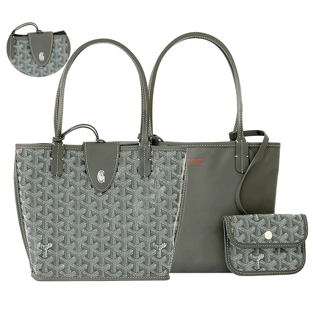 GOYARD Anjou 迷你 高雅得 磁吸扣Y字防水帆布x牛皮雙面托特包(灰色/附收納袋)