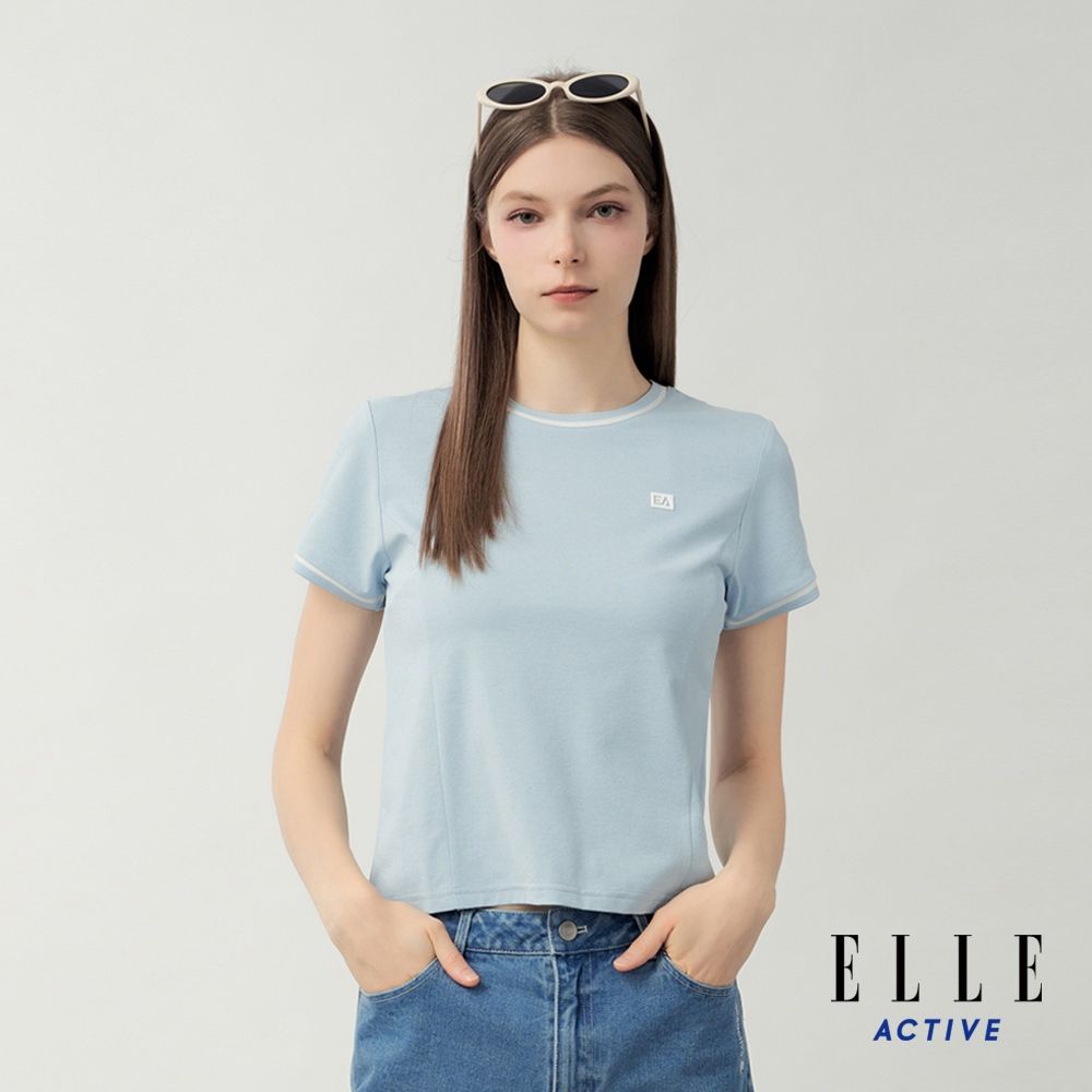 ELLE ACTIVE 女款 滾邊設計圓領短袖T恤-水藍色(EA26S1W1606#35)
