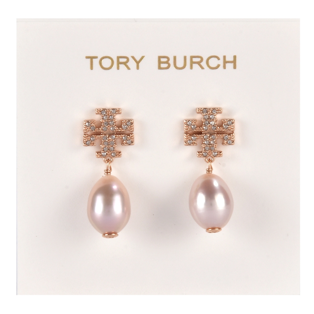 TORY BURCH KIRA 亮鑽T字珍珠垂墜款穿式耳環-玫瑰金