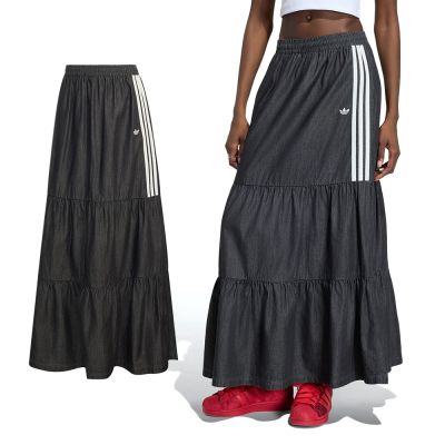 Adidas Denim Skirt 女款 黑色 牛仔 丹寧 休閒 穿搭 蛋糕裙 長裙 KY8114