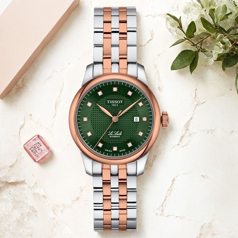 TISSOT 天梭 官方授權 T006.207.22.096.00 Le Locle 力洛克 真鑽機械女錶 寵爸時刻 送禮推薦-綠x雙色/29mm T0062072209600