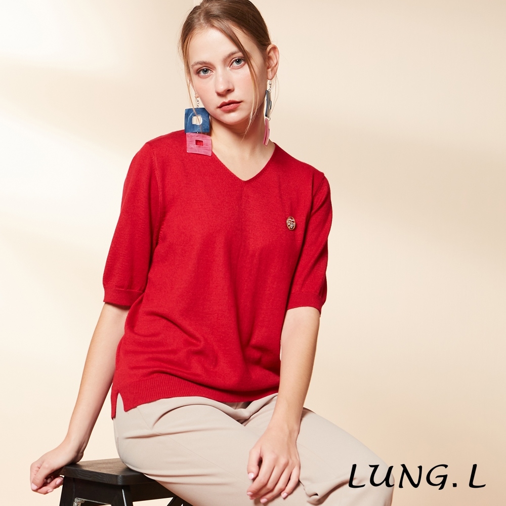 LUNG.L林佳樺 紅色V領五分袖毛料針織上衣L842A10