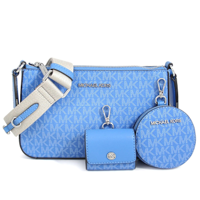 MICHAEL KORS Jet Set Travel 銀字Logo防刮滿版織紋寬帶三合一斜背包(南太平洋藍)