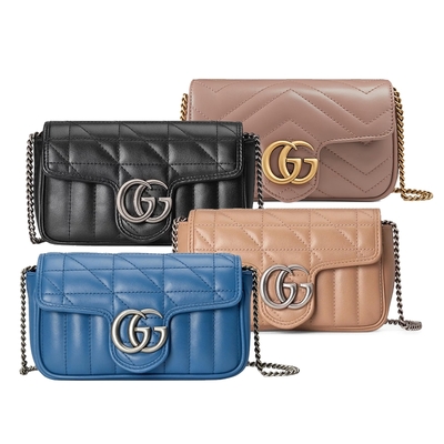 【GUCCI 古馳】 Marmont系列Super Mini Marmont 仿舊金雙G牛皮釦式斜揹包(多色)