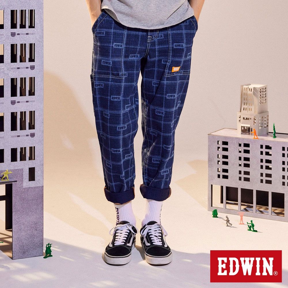 EDWIN 男裝 橘標 格紋工裝褲-酵洗藍