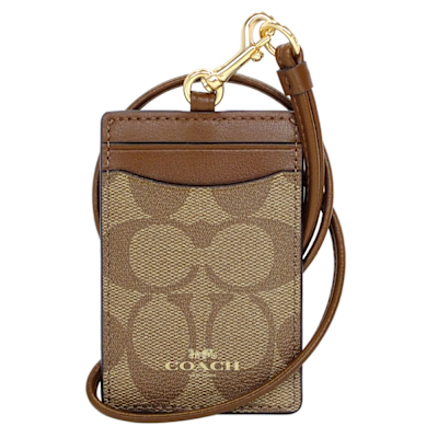 COACH卡其C Logo拼摩卡真皮掛勾證件票卡夾