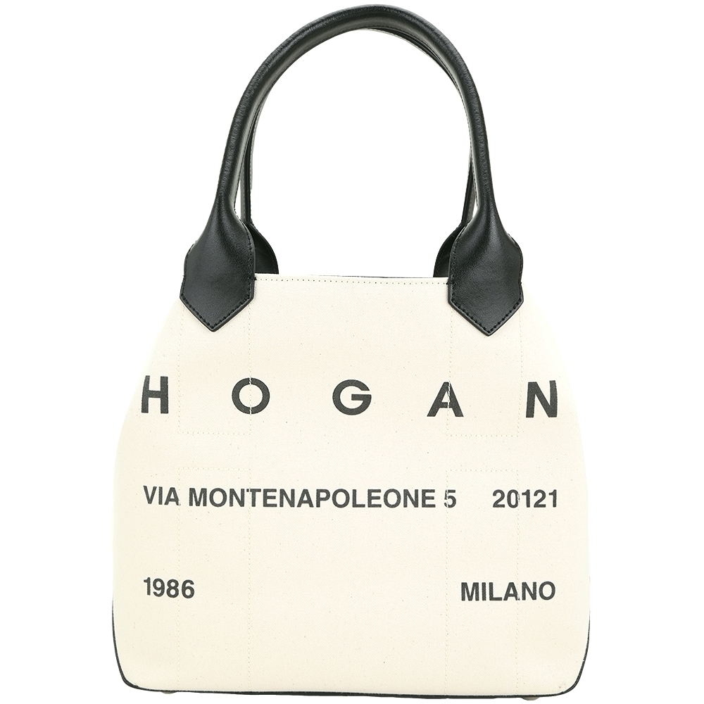 HOGAN Script 中型 字母地址標示帆布拼接牛皮手提/肩背托特包(米白)