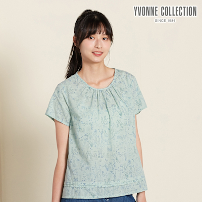 YVONNE 以旺傢飾 動物叢林印花細褶短袖上衣-薄荷綠