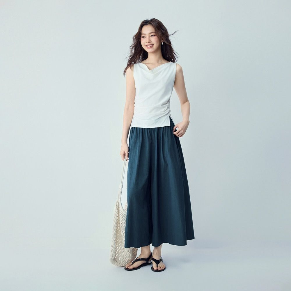 GIORDANO 女裝收褶鬆緊腰八分寬褲裙【雙色任選】 (25 孔雀綠)