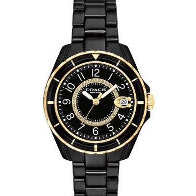 COACH 官方授權 小香風水鑽數字刻度黑陶瓷腕錶-女錶(CO14503461)32mm
