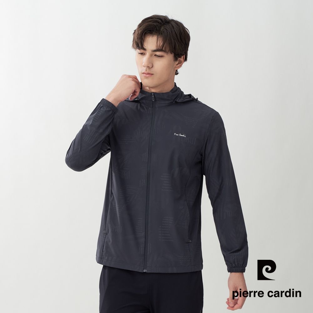 pierre cardin 皮爾卡登 網路獨家 男女款 印花防曬涼感冰絲可拆帽連帽外套(多款任選) (男款-深灰色)