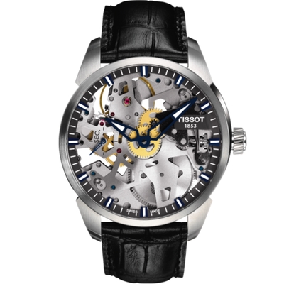 TISSOT T-Complication Squelette 3D鏤空手動上鍊機械錶-T0704051641100/黑