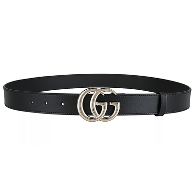 GUCCI GG Marmont淡金雙G金屬 LOGO皮革扣式皮帶(黑)