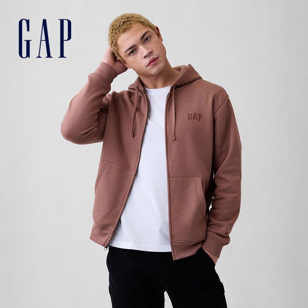 【GAP】寬鬆Gap Logo拉鍊連帽運動衫-肉荳蔻/淺麻灰(887221) (肉荳蔻)