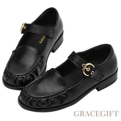 【Grace Gift】復古名媛金屬圓扣瑪莉珍樂福鞋 黑