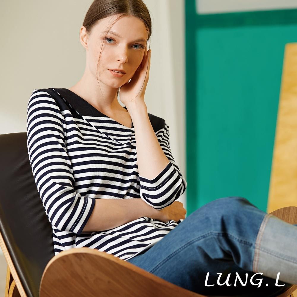 LUNG.L林佳樺 藍白條紋拼接造型領七分袖女裝上衣 LX45A