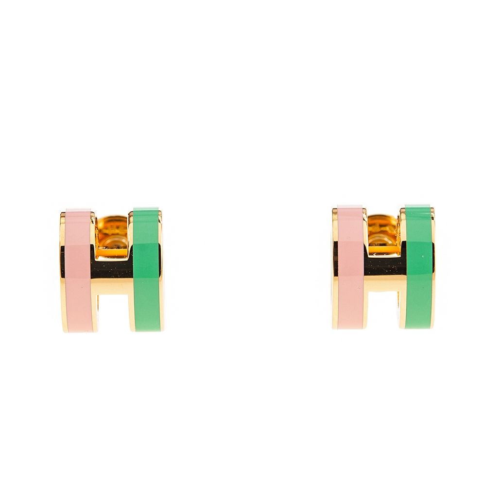 HERMES 愛馬仕 新雙色 Mini Pop H pendant 立體橢圓簍空穿式耳環 (MALABAR/淺金)