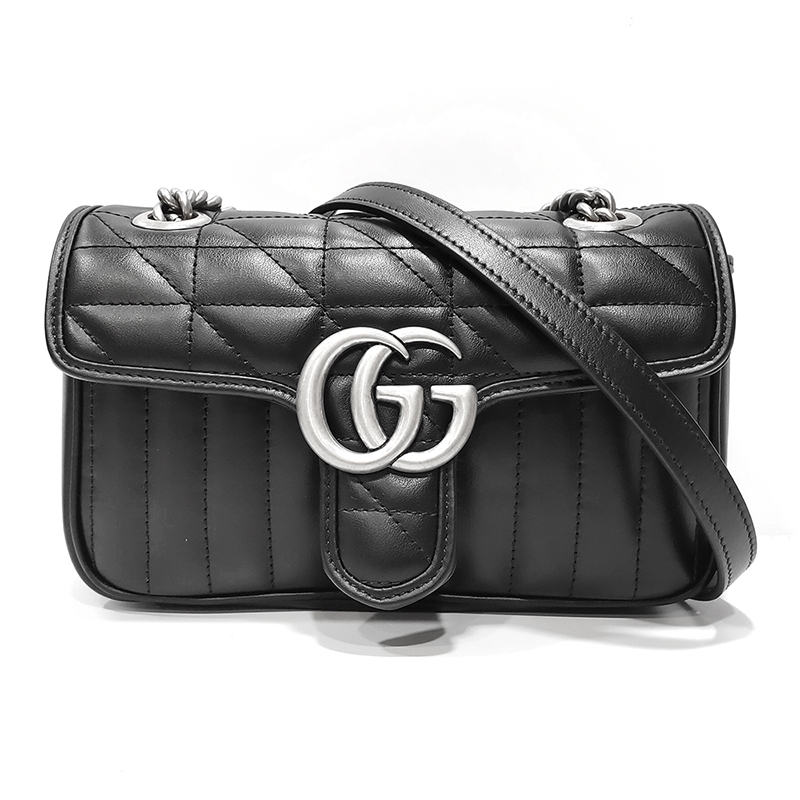 GUCCI 古馳】446744 新款GG Marmont絎縫系列銀釦掀蓋肩背/斜背包(黑色