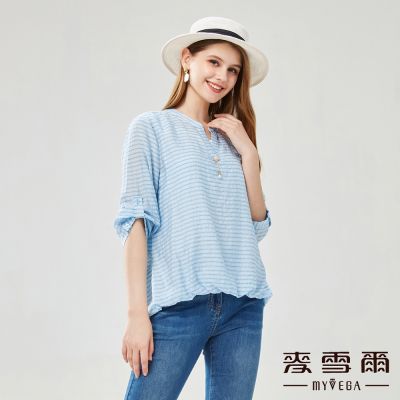 MYVEGA麥雪爾 棉質假兩件袖反摺橫條紋七分袖上衣-藍