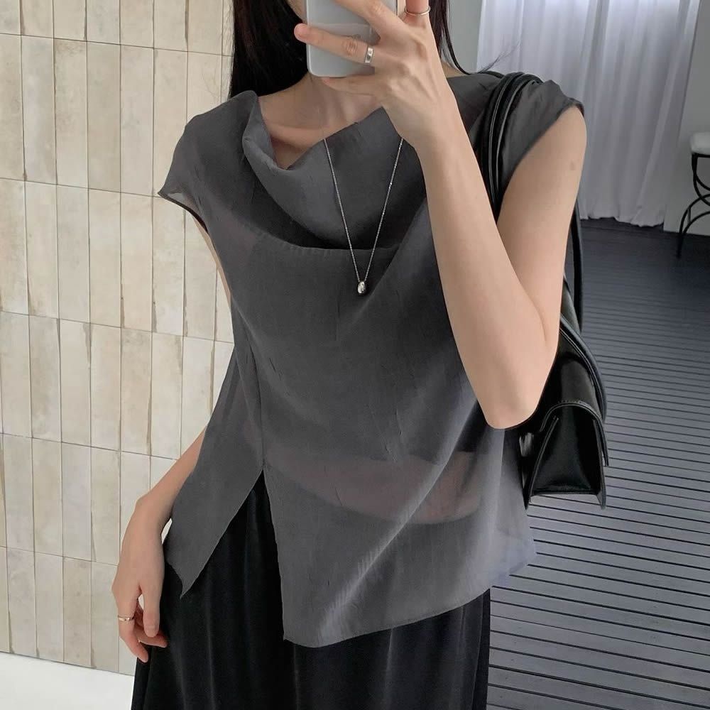 正韓女上衣 霧紗開杈短袖襯衫ROS1114-創翊韓都
