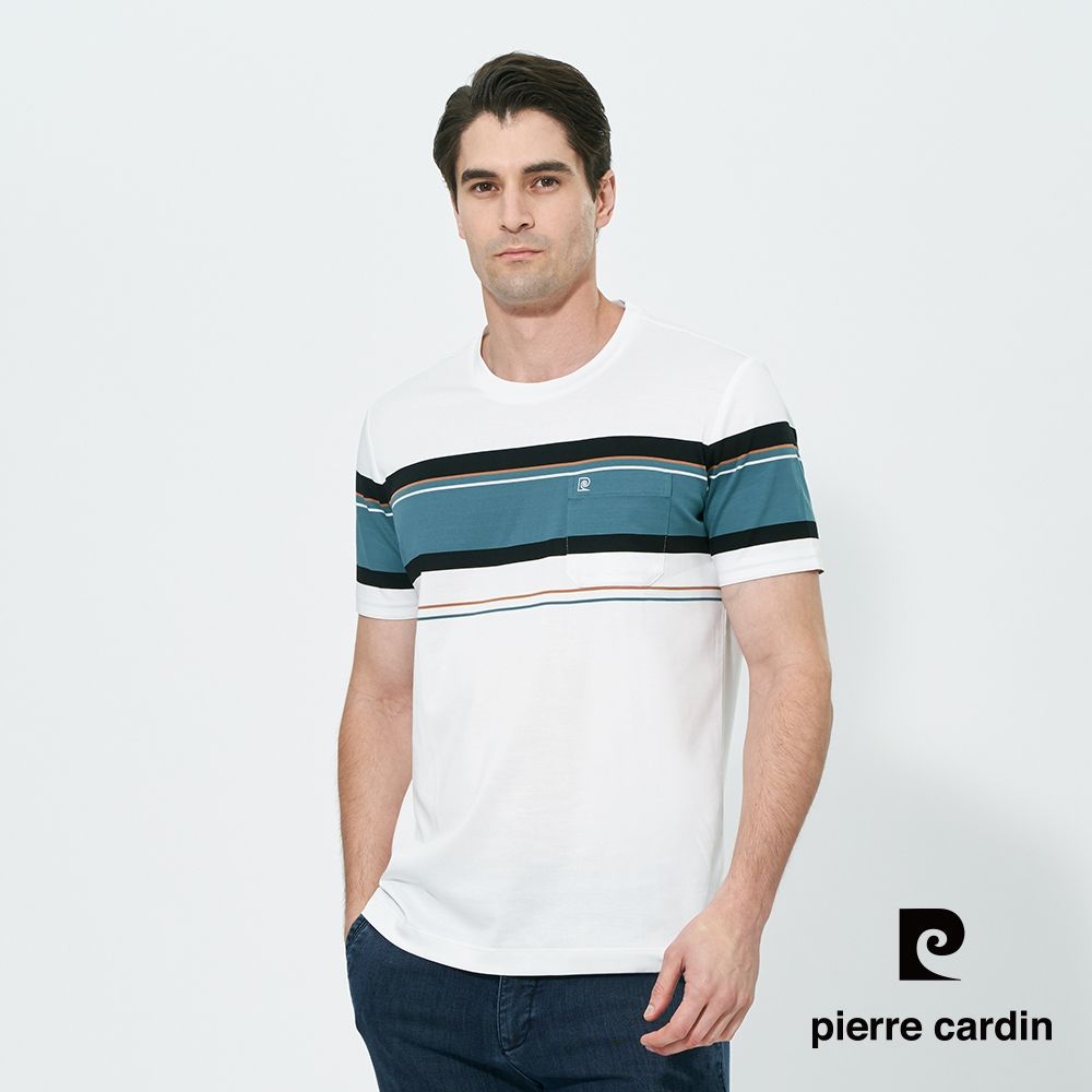 pierre cardin 皮爾卡登 男款 抗菌定位橫條短袖圓領上衣-白色(5257283-90)