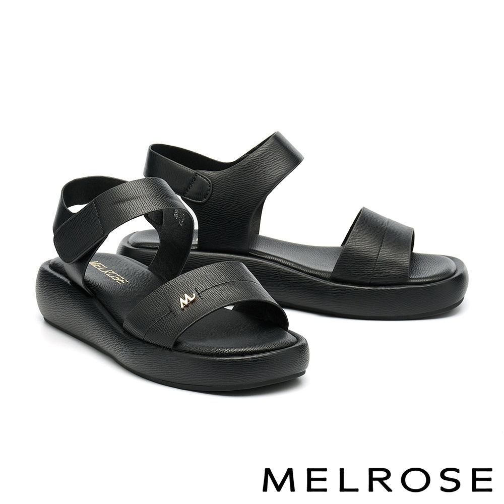 涼鞋 MELROSE 美樂斯 隨興舒適小M釦魔鬼氈寬帶厚底涼鞋－黑
