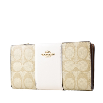COACH 配色緹花LOGO防刮皮革雙釦對開長夾-白色