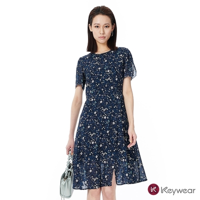 KeyWear奇威名品 碎花洋裝-深藍色