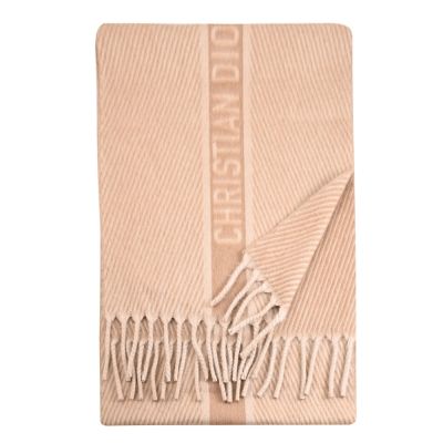 Christian Dior 經典LOGO駱駝絨線條紋理流蘇長圍巾/披肩(駝色)
