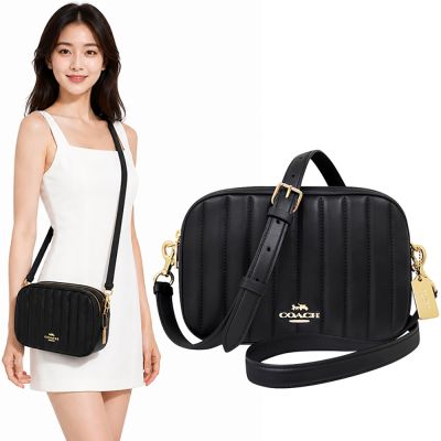 COACH 黑色皮革立體條紋絎縫雙層斜背包-大型