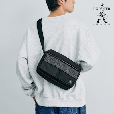 PORTER INTERNATIONAL - 牛仔拼接PATCH WORK雙層斜背包(M) - 黑