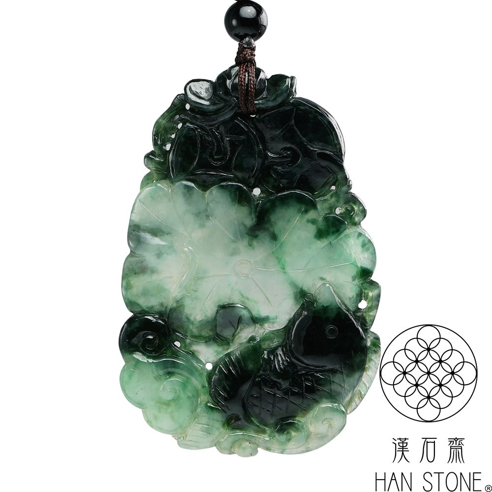 漢石齋】天然翡翠A貨如魚得水玉佩吊墜冰種花青(38*55*5mm) | 漢石齋