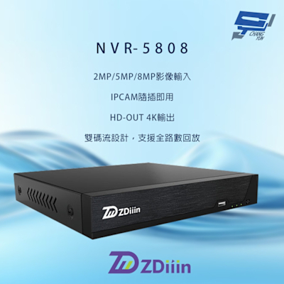 昌運監視器 ZDiiin NVR-5808 800萬畫素 8路 AI智慧偵測 雙碼流 全路數回放 網路型錄影主機
