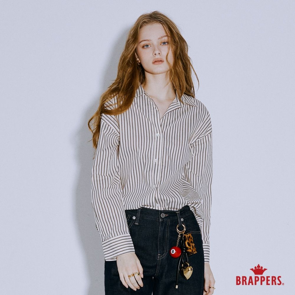 BRAPPERS 女款 簡約條紋長袖襯衫-米底咖啡條