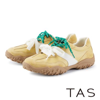 TAS 牛皮拼接反絨牛撞色綁帶休閒鞋 黃色