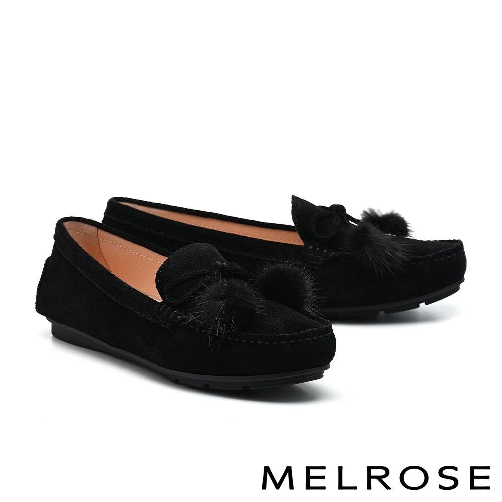 平底鞋 MELROSE 美樂斯 沉穩時尚毛球蝴蝶結牛麂皮樂福平底鞋－黑
